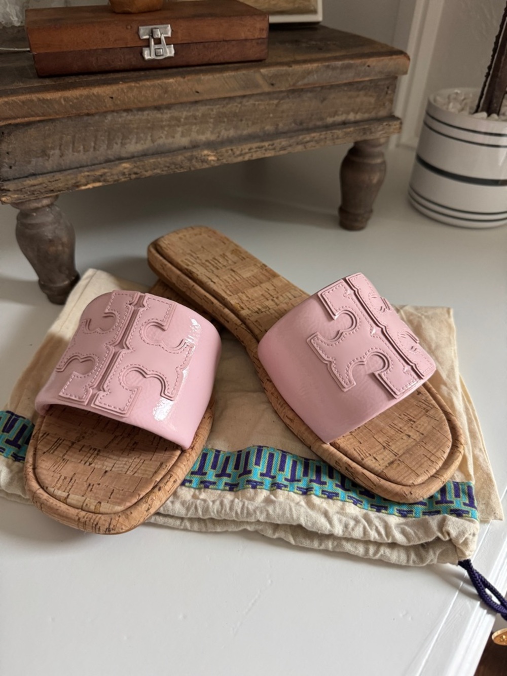 Tory Burch Pink Patent Logo Cork Slide Sandals